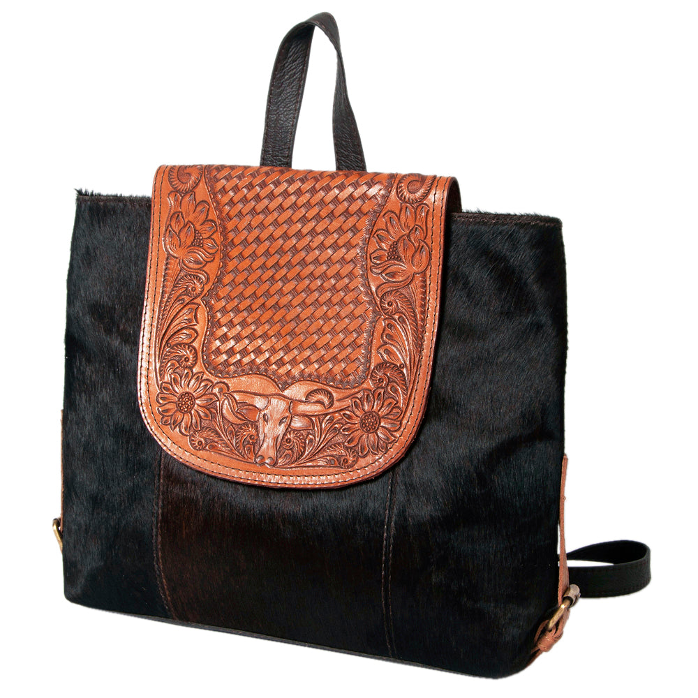 Hand Tooled Saddle Leather With Cowhide Leather Backpack - LBK125