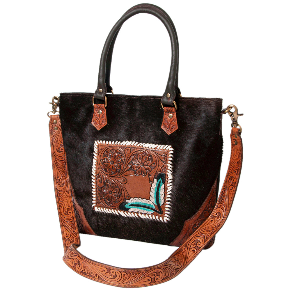 Hand Tooled Saddle Leather With Cowhide Leather Tote Bag - LBK127