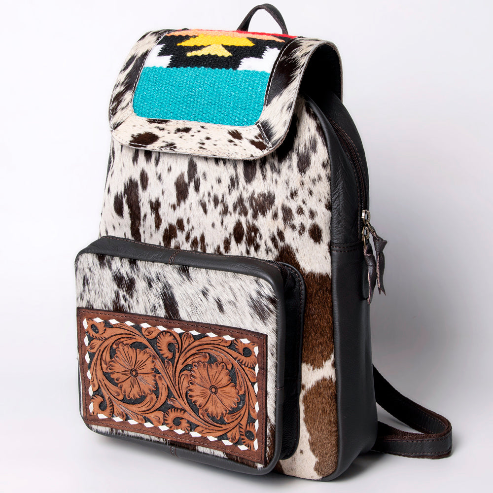 Hand Tooled Saddle Leather and Upcycled Canvas Backpack - LBA123