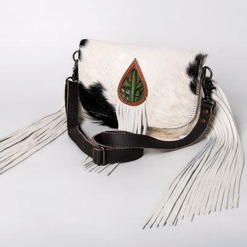 Hand Tooled Saddle Leather With Cowhide Leather and Upcycled Canvas Crossbody Bag - LBG165