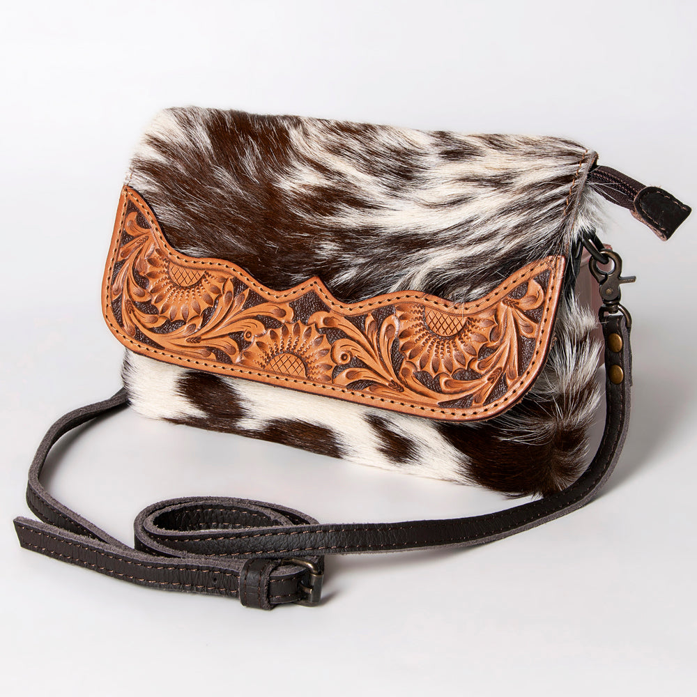 Hand Tooled Saddle Leather With Cowhide Leather and Upcycled Canvas Crossbody Bag - LBG170