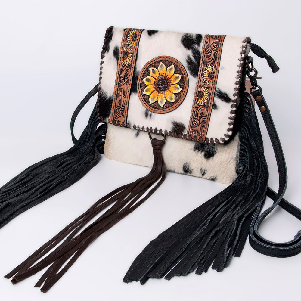 Hand Tooled Saddle Leather With Cowhide Leather and Upcycled Canvas Crossbody Bag - LBG171