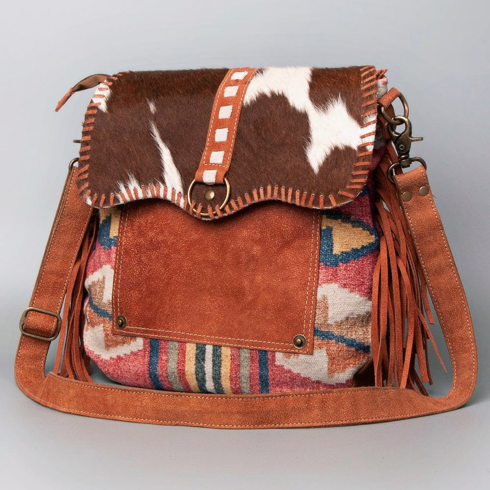 Real Cowhide Leather and Upcycled Canvas Crossbody Bag - LB465