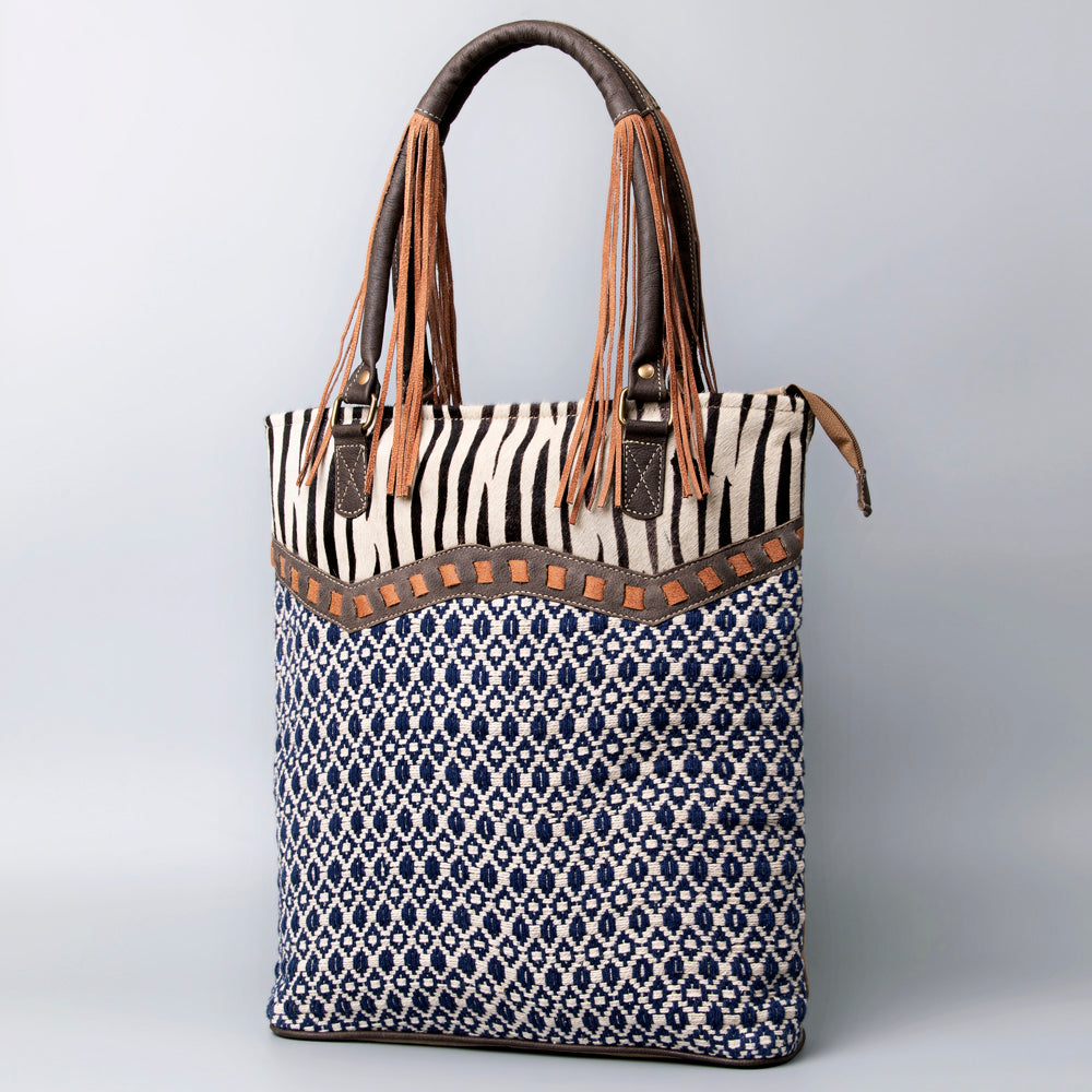 Zebra Print Real Cowhide Leather and Upcycled Canvas Tote Bag - LB466