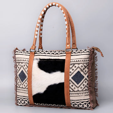 Real Cowhide Leather and Upcycled Canvas Weekender Bag - LB470
