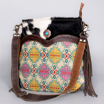Real Cowhide Leather and Upcycled Canvas Crossbody Bag - LB471