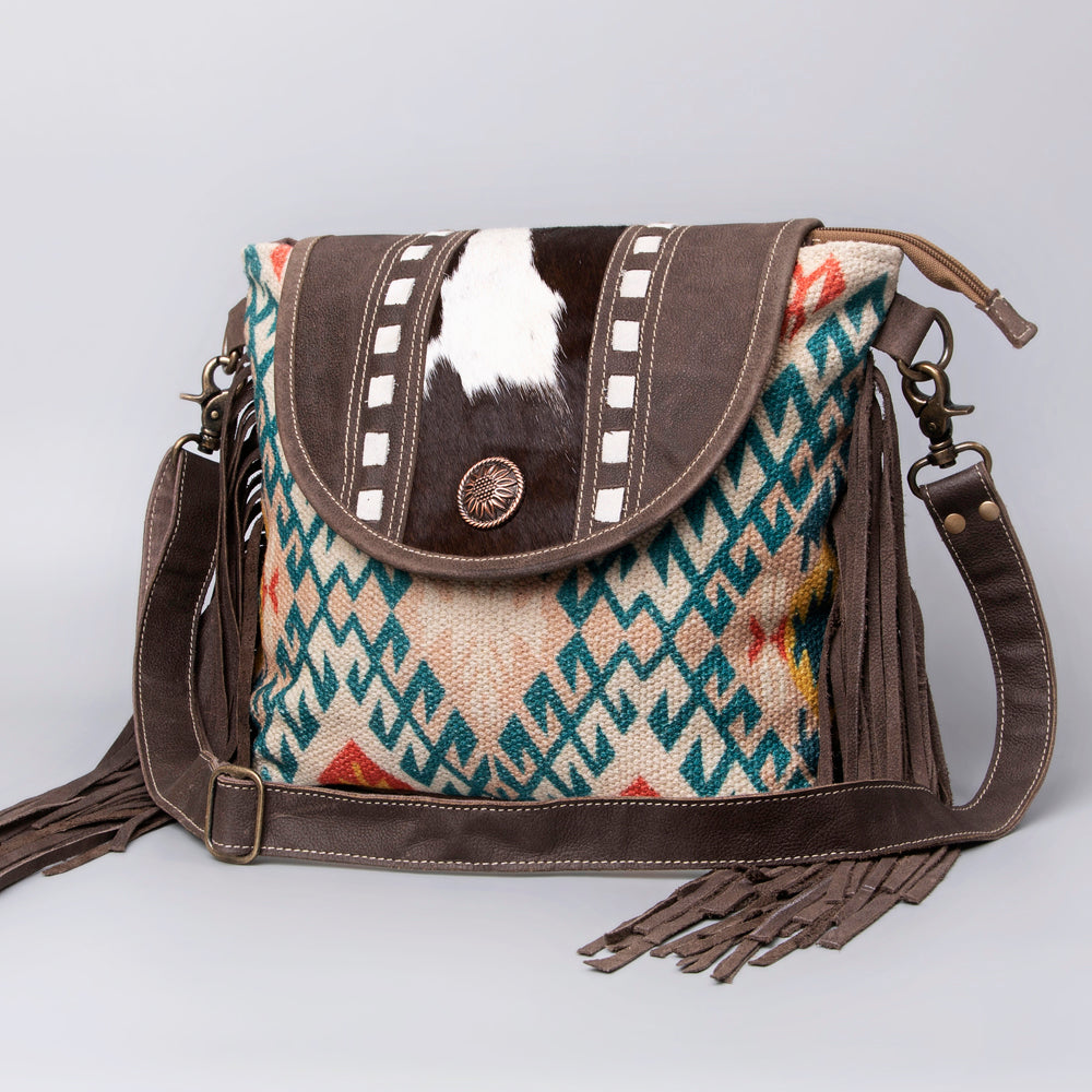 Real Cowhide Leather and Upcycled Canvas Crossbody Bag - LB482