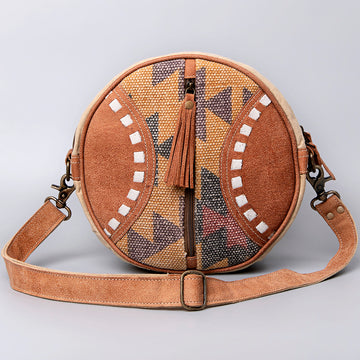 Leather and Upcycled Canvas Round Bag - LB485