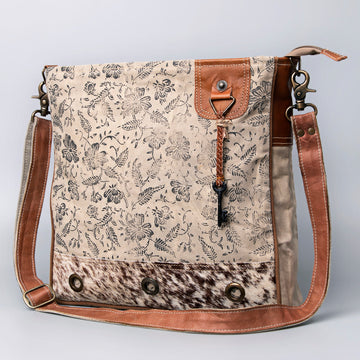 Real Cowhide Leather and Upcycled Canvas Crossbody Bag - LB486