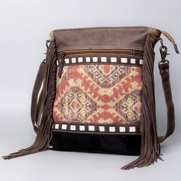 Real Cowhide Leather and Upcycled Canvas Crossbody Bag - LB489