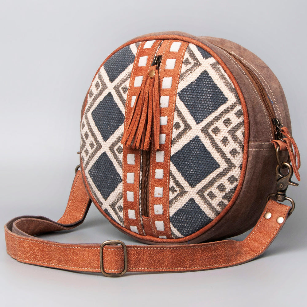 Leather and Upcycled Canvas Round Bag - LB493