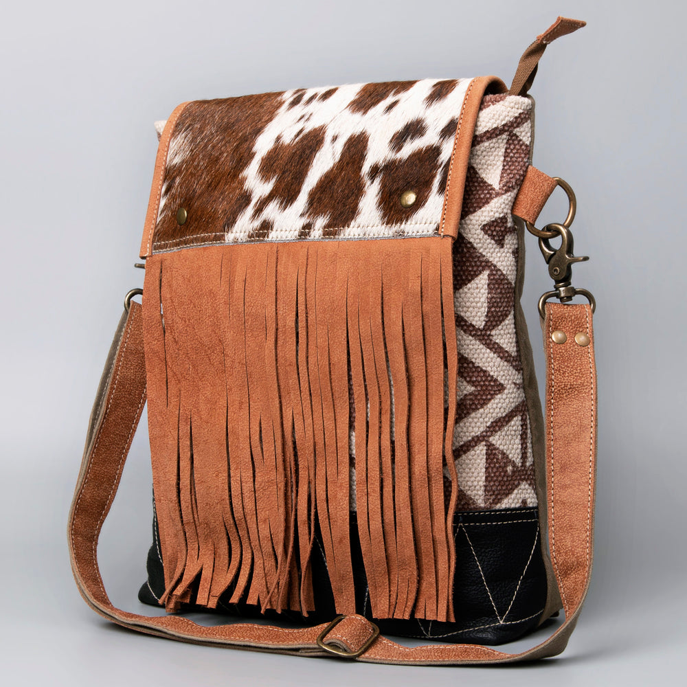Real Cowhide Leather and Upcycled Canvas Crossbody Bag - LB495
