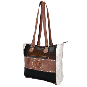Hand Tooled Saddle Leather With Fabric Tote Bag - LBK132