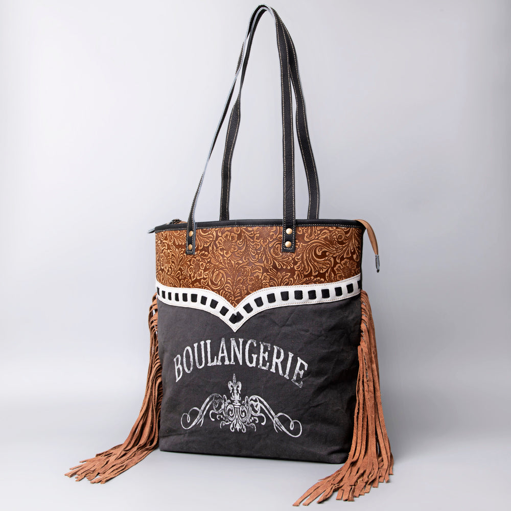 Floral Embossed Leather and Upcycled Canvas Tote Bag - LB513