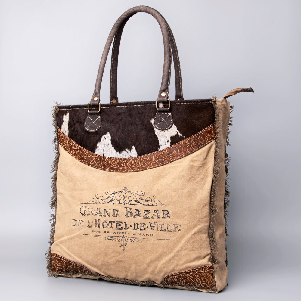 Real Cowhide Leather and Upcycled Canvas Tote Bag - LB518
