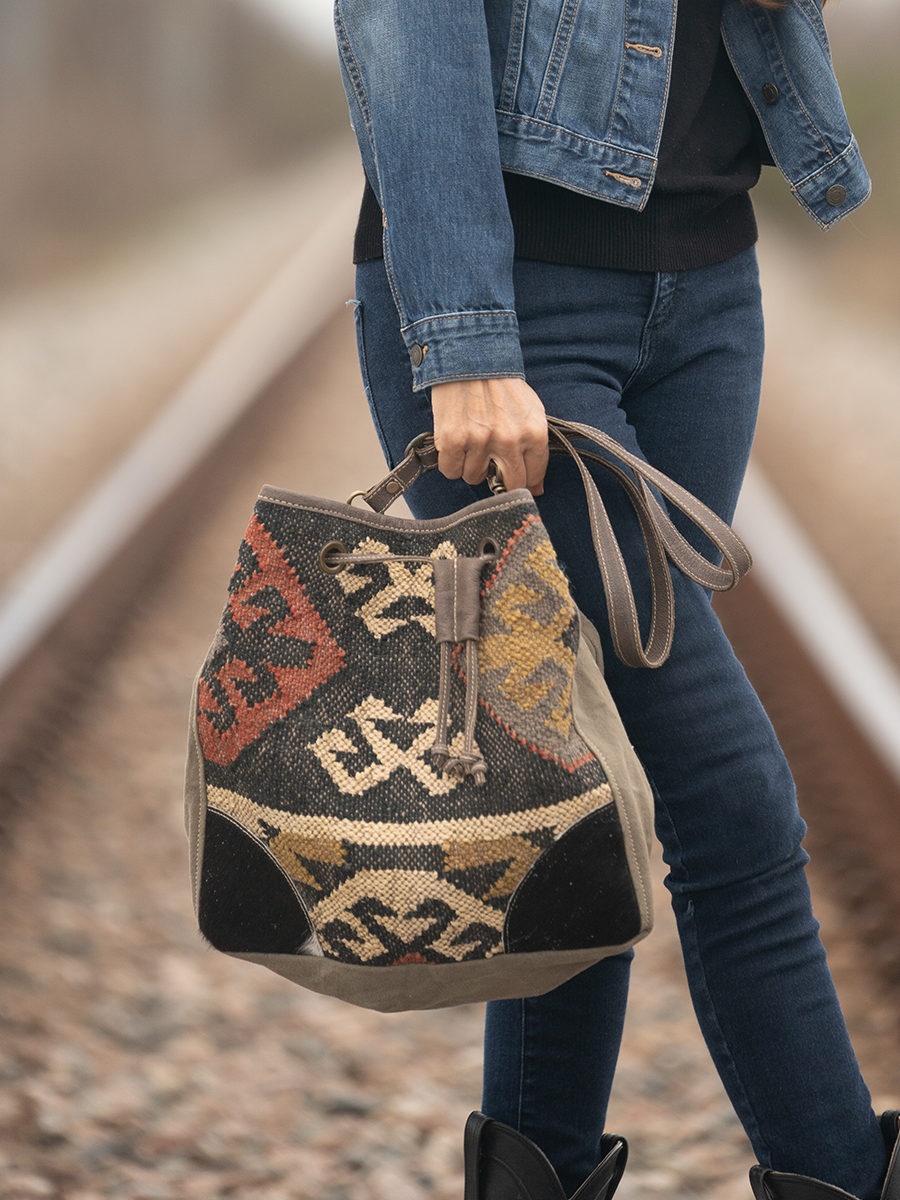 Leather and Upcycled Canvas Bucket Bag - LB269
